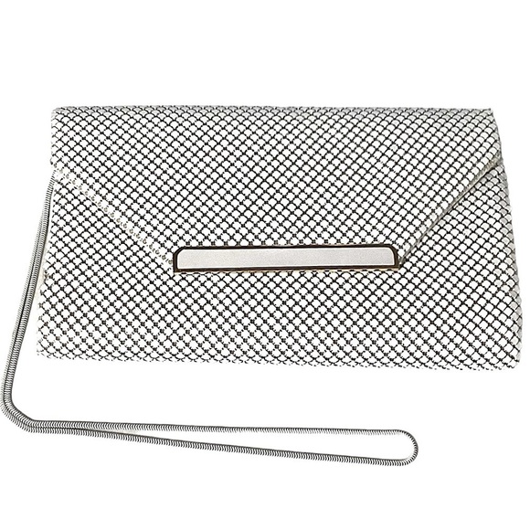 White Metal Mesh Crossbody Handbag Clutch White Chain Strap Excellent Condition - Picture 1 of 16